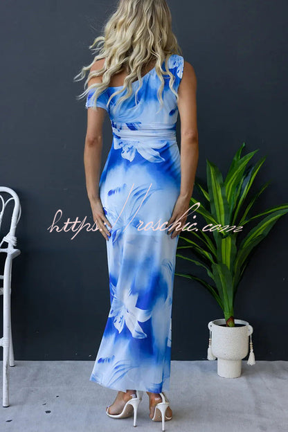 Escala Mesh Overlay Print One Shoulder Cross Detail Slit Stretch Maxi Dress