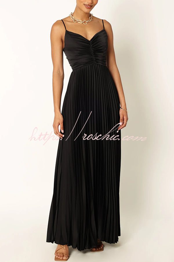 Catch the Light Satin Pleated V-neck Slip Maxi Dress