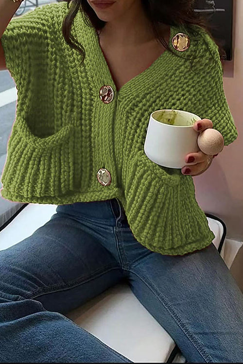 Gold Buttons Pocketed Chunky Sweater Vest