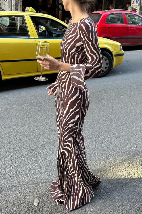 Boat Neck Bell Sleeves Animal Print Maxi Dress