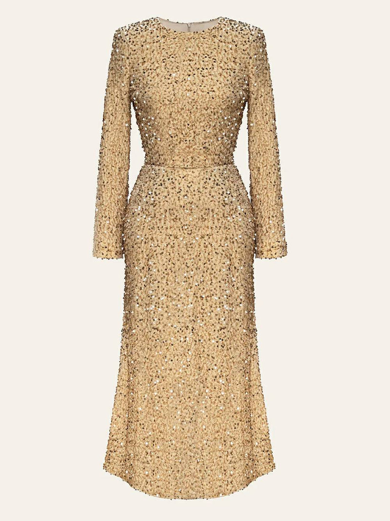 Sequin Decorated Velvet Midi Dress in Beige