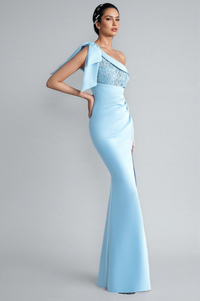 Denny Blue One-shoulder Embroidered Maxi Dress