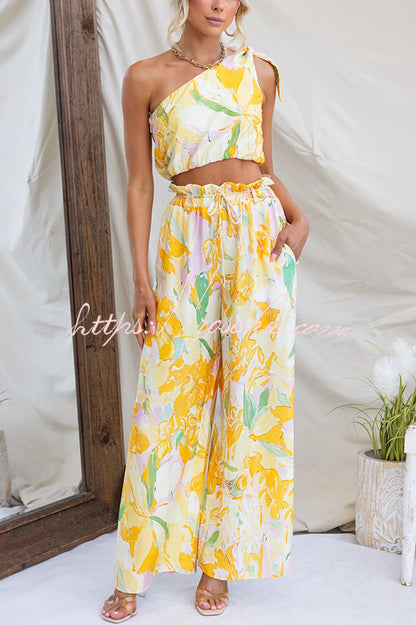 Soleila Print One Shoulder Tie-up Crop Top and Elastic Waist Pocket Loose Pants Set