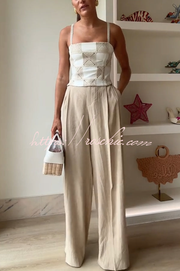 Angie Linen Blend High Rise Elastic Waist Pocket Wide Leg Pants