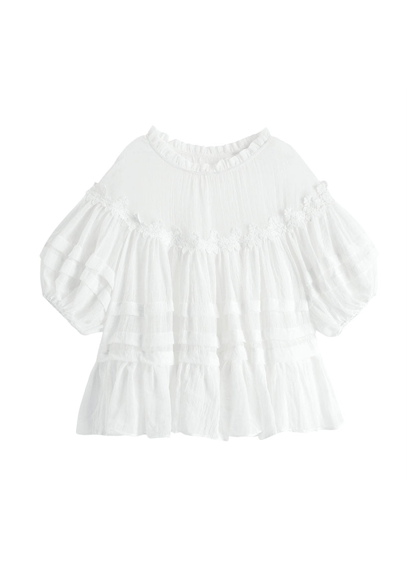 Style White Lace Ruffled Patchwork Cotton Blouses Lantern Sleeve Az1027