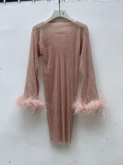 Weave Shiny Rhinestone Mini Dress See Through Cover-up Dresses Loose Club Dress