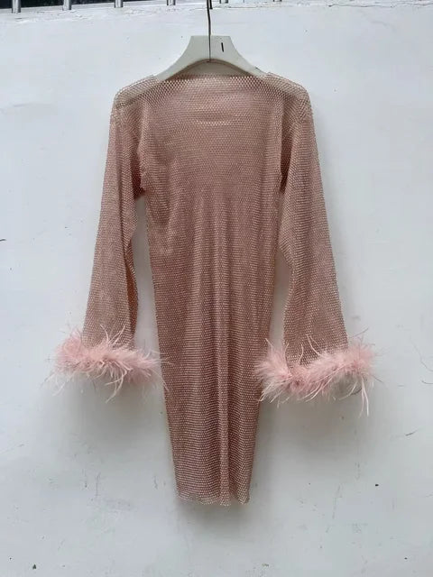 Weave Shiny Rhinestone Mini Dress See Through Cover-up Dresses Loose Club Dress