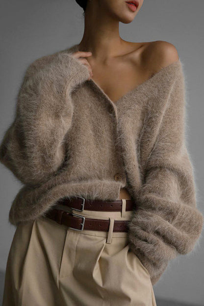 Color Loose V-neck Long-sleeved Lazy Knitted Cardigan