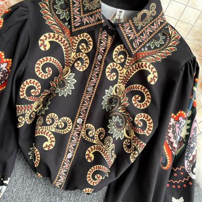 Retro Black Lapel Field Totem Print Buttoned Lantern Sleeve Blouse Ar1004