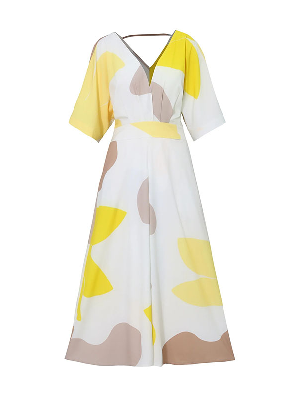 Loose Raglan Sleeve High-waisted Printed Deep V-neck Maxi Dresses