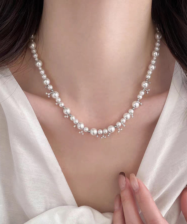 White Alloy Zircon Pearl Beading Gratuated Bead Necklace