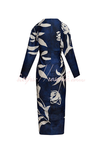Caliana Unique Print Dolman Long Sleeve Ruched Slit Midi Dress