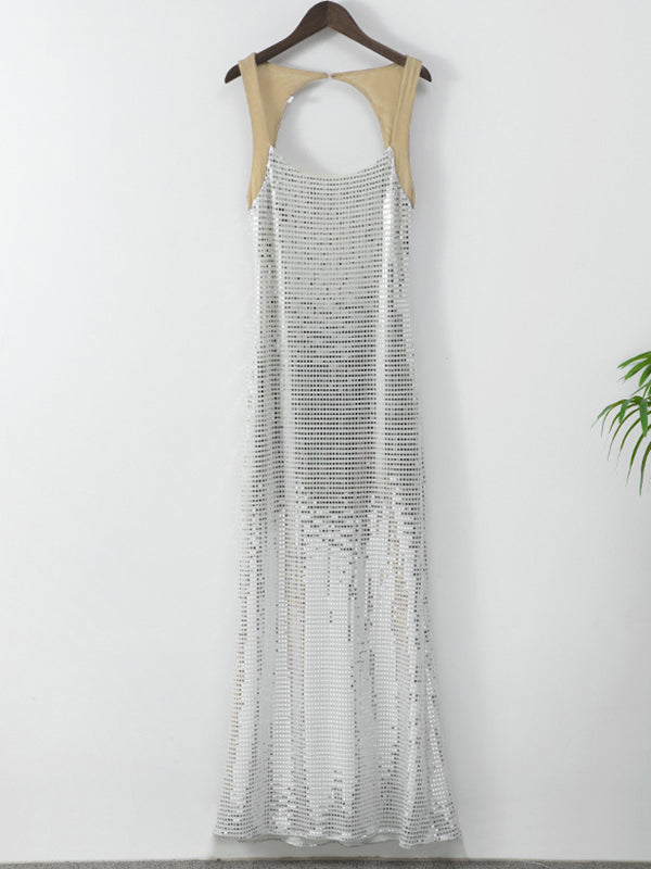 Bodycon Sleeveless See-through Shiny Split-joint Spaghetti-neck Evening Dresses Maxi Dresses