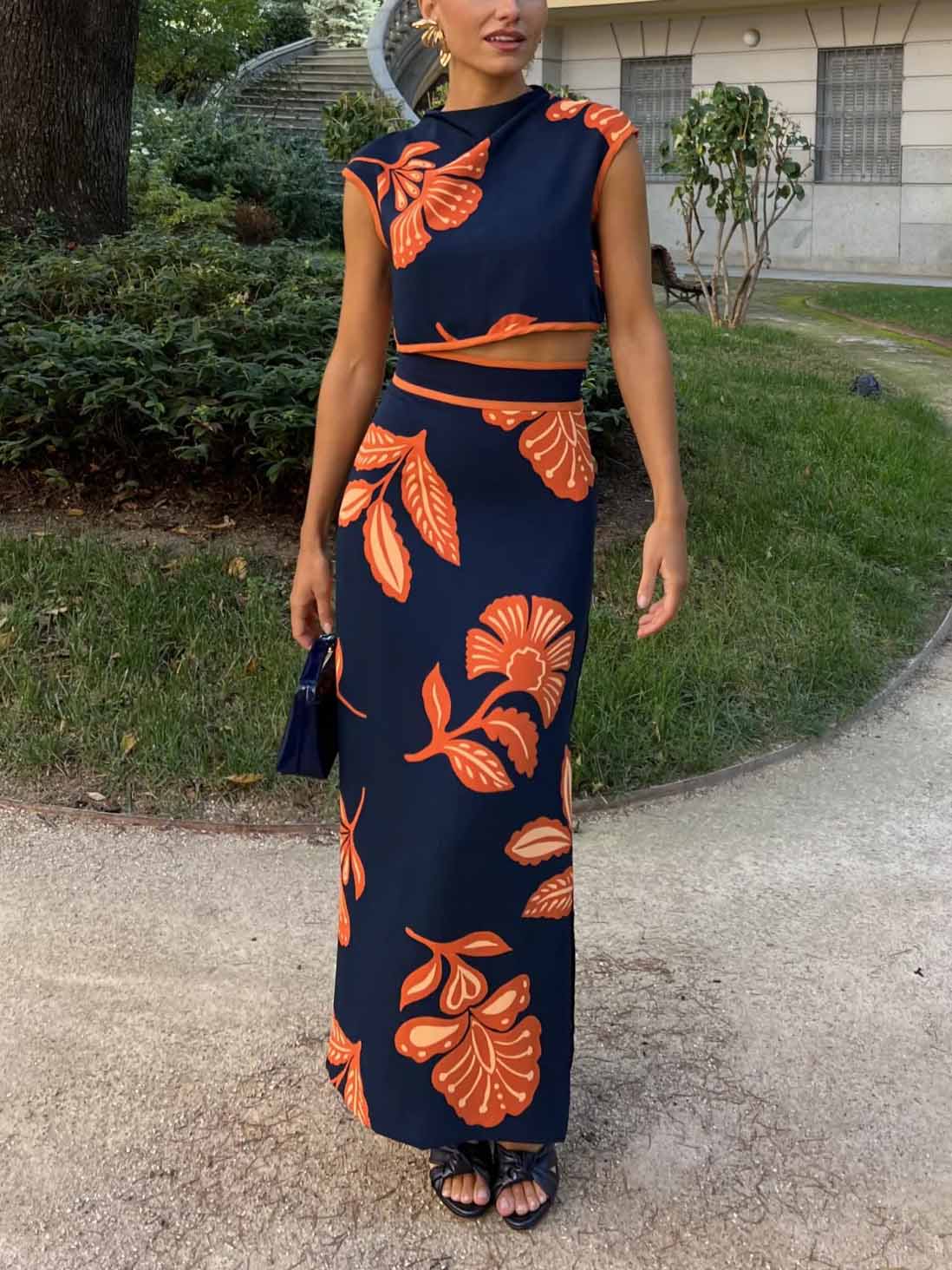 Exquisite Plant and Flower Print Cap Sleeve Short T-shirt