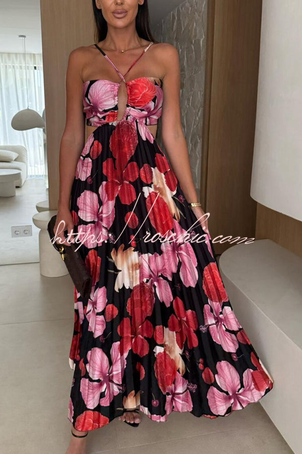 Casey Satin Print Cutout Halter Back Tie-up Pleated Maxi Dress