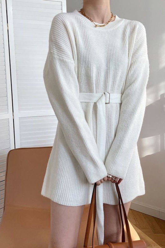 French Style Tie-waist Knit Mini Dress