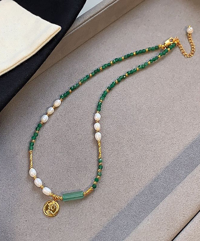 Chinese Style Green Copper Alloy Crystal Patchwork Beading Pendant Necklace