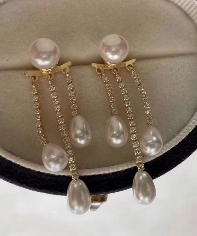 Gold Sterling Silver Overgild Zircon Pearl Tassel Drop Earrings
