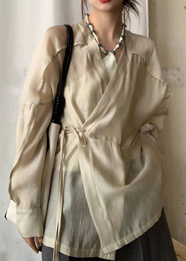 French Apricot V Neck Lace Up Silk Cotton Blouse Long Sleeve Ee022