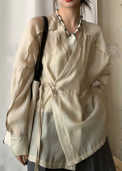 French Apricot V Neck Lace Up Silk Cotton Blouse Long Sleeve Ee022
