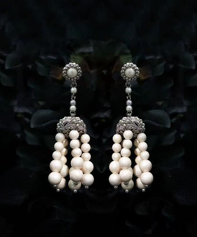 White Sterling Silver Pearl Tassel Drop Earrings