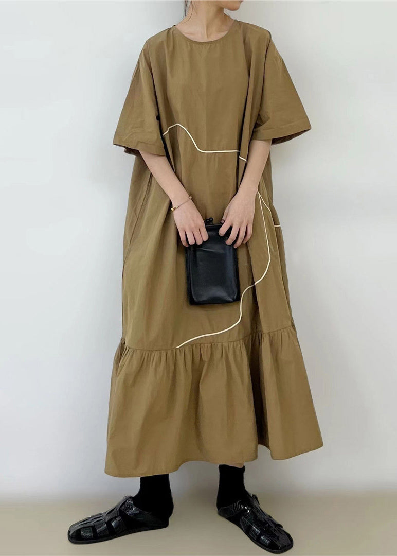 French Khaki Ruffled Patchwork Maxi Dress Short Sleeve Tt1046