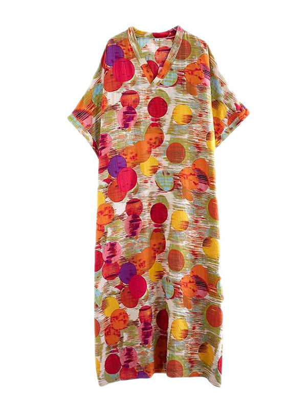 Batwing Sleeves Half Sleeves Contrast Color Polka-dot V-neck Maxi Dresses