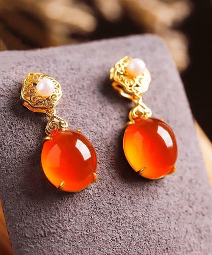 Simple Red 18k Gold Inlaid Jade Agate Drop Earrings