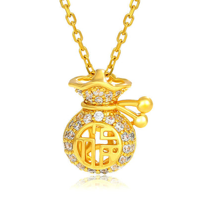 24k Gold Plated Fu Character Fortune Money Bag Necklace