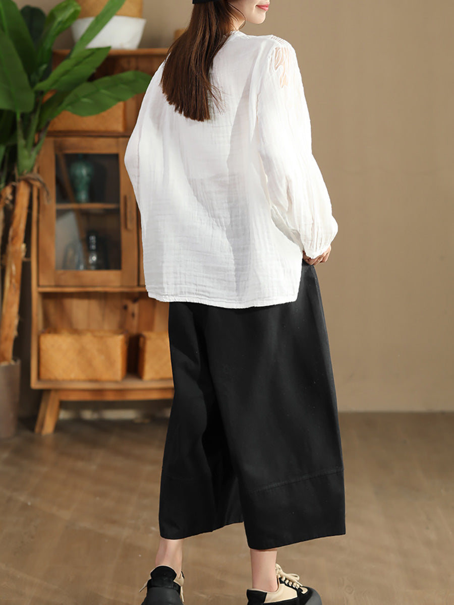 Autumn Artsy Embroidery Stand Collar Cotton Blouse Ai1076