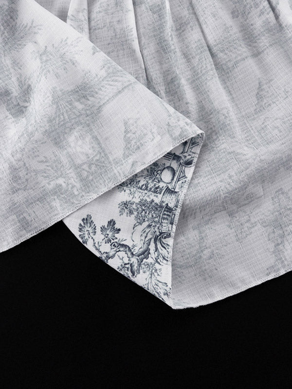 Loose Puff Sleeves Pleated Printed Split-joint Tied Waist Stand Collar Mini Dresses