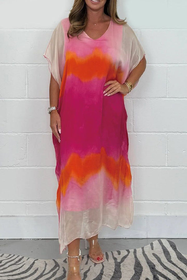 Tie-dye V-neck Short-sleeved Loose Maxi Dress