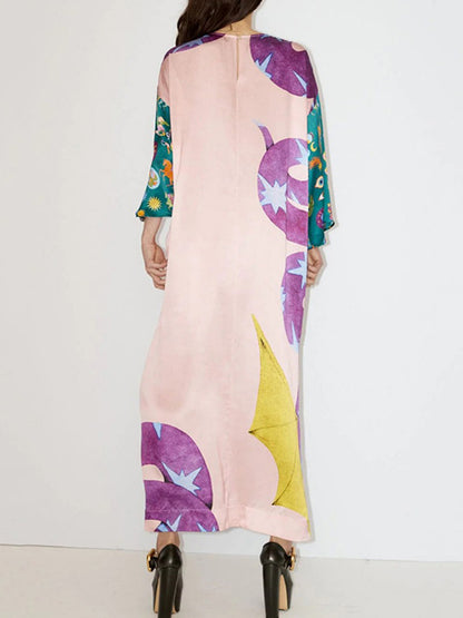 A-line Long Sleeves Printed Split-side Round-neck Maxi Dresses