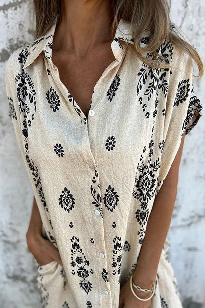 Linen Blend Unique Print Lapel Pocket Mini Dress