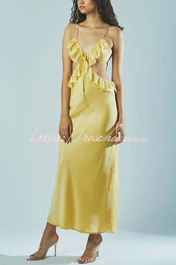Date Night Satin Chiffon Ruffle Trim Removable Slip Maxi Dress