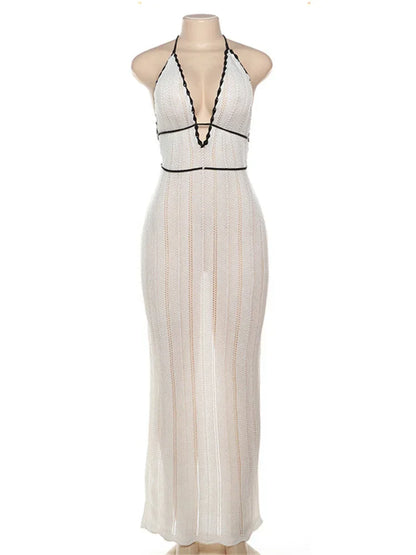 Knit V-neck Backless Maxi Dress ’s Slim Lace-up Contrast Patchwork Bandage Knitwear Dress Female Long Dress