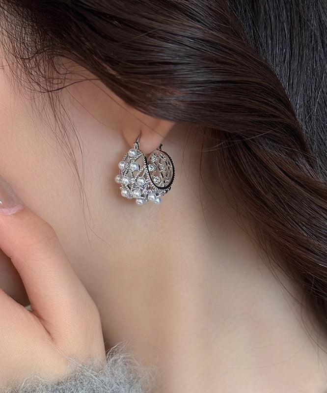 New Silk Copper Alloy Hollow Out Pearl Hoop Earrings