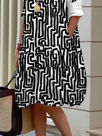 Long Sleeves Loose Printed Split-joint Lapel Midi Dresses Shirt Dress