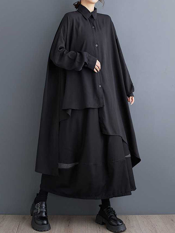 Original Black Lapel Asymmetric Buttoned High-low Hem Long Sleeve Blouse Tw009
