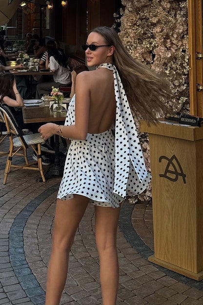 Polka Dot Halter Backless Tie Mini Dress