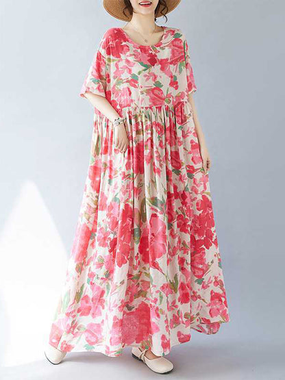 A-line Batwing Sleeves Flower Print Pleated Split-joint Round-neck Midi Dresses