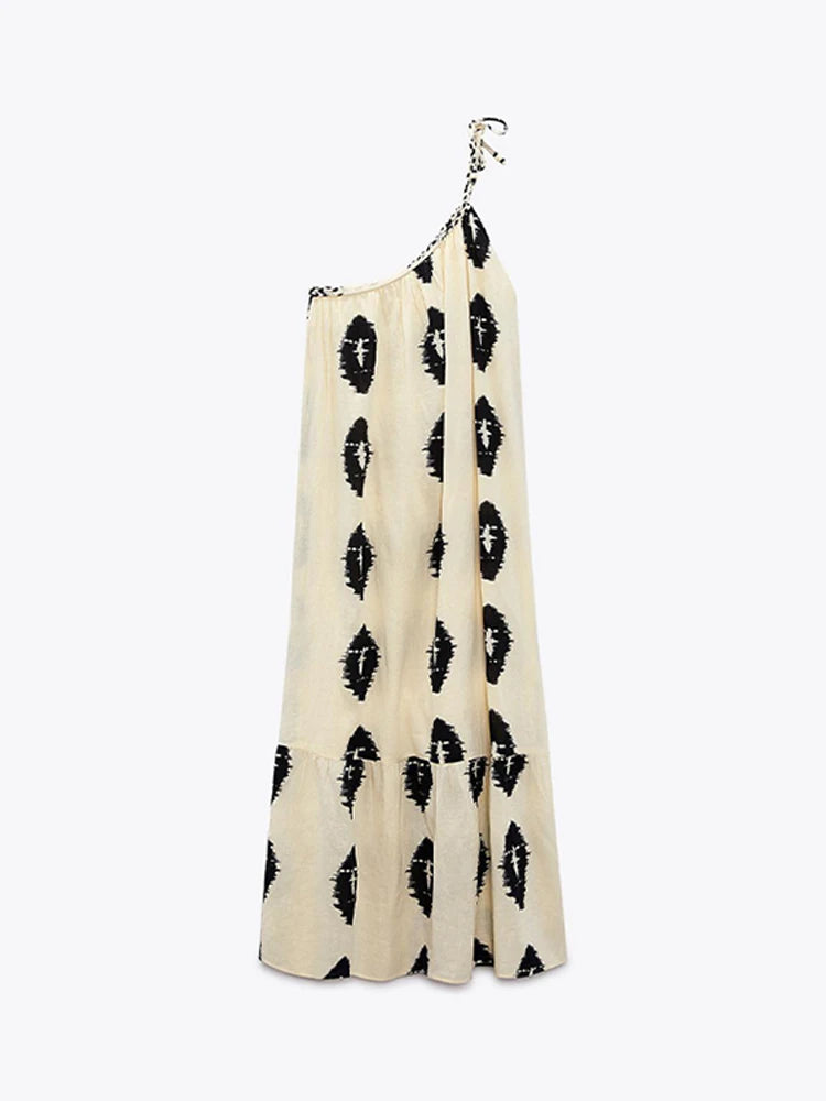 Summer Printing Suspender Maxi Dresses One Shoulder Backless Irregular Beach Dress Female Loose Long Dresses