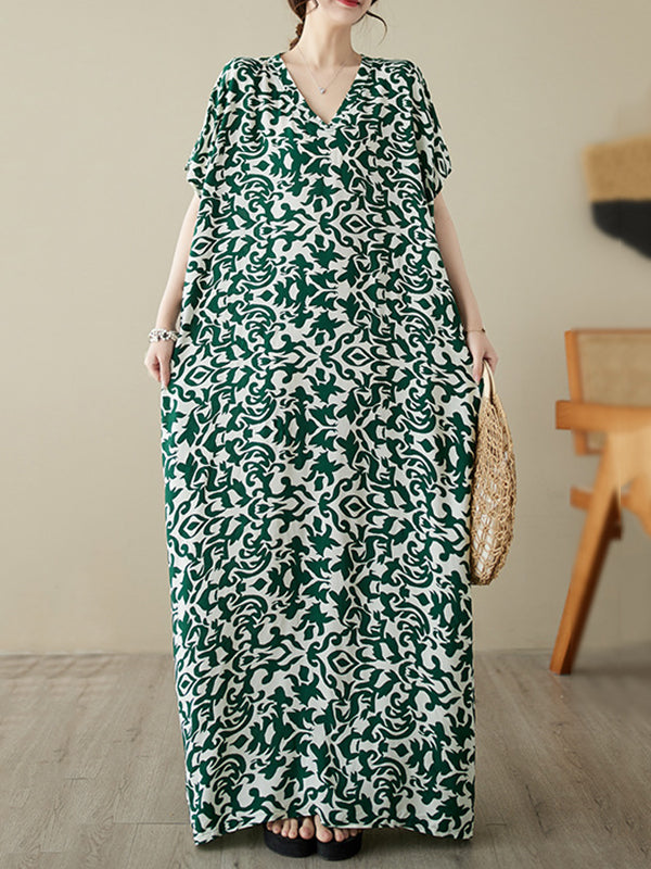 Batwing Sleeves Loose Printed V-neck Maxi Dresses