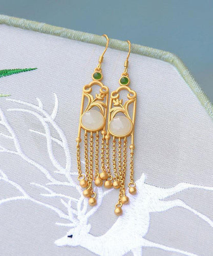 White Sterling Silver Jade Tassel Drop Earrings