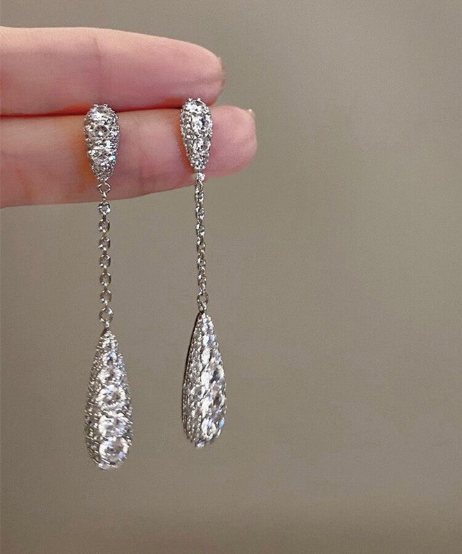 Silk Sterling Silver Zircon Water Drop Tassel Drop Earrings