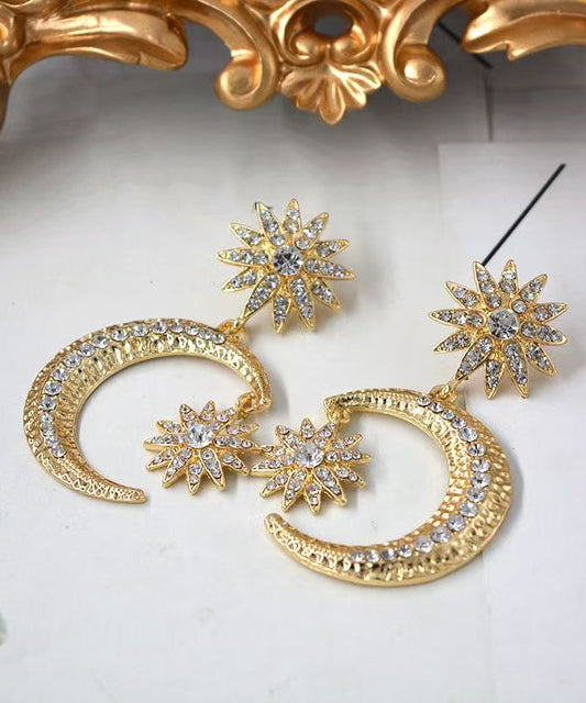 Gold Metal Overgild Zircon Star Moon Drop Earrings