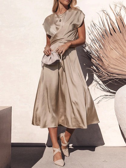 Loose Short Sleeves Color Split-joint Tied Waist Round-neck Midi Dresses