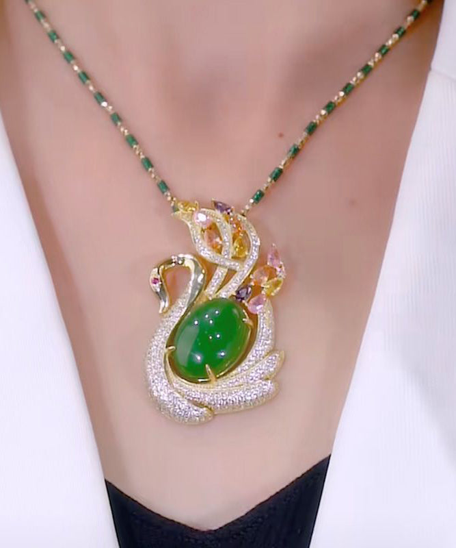 Green Sterling Silver Overgild Jade Cat's Eye Stone Swan Zircon Bamboo Joints Pendant Necklace