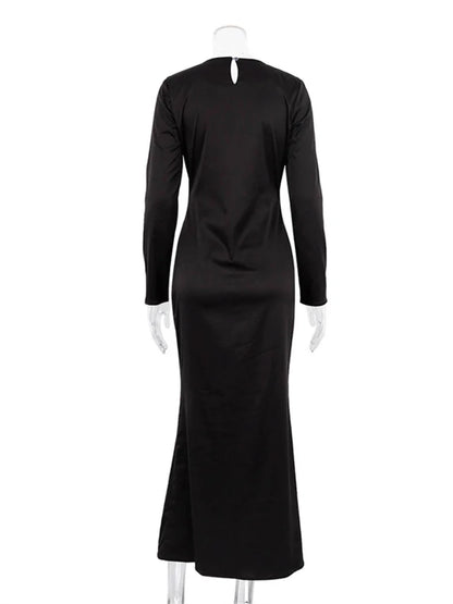 Hollow Out Satin Maxi Dress Female High Waist Slim Scoop Neck Long Sleeve Dress Zipper Party Dress Summer