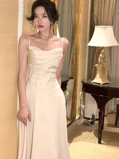 New Summer Satin Midi Dress Slim Spaghetti Strap Party Dresses Wedding Evening Birthday Backless Prom Robe Clothes